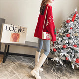 Autumn/Winter New Korean Thickened Color blocked Christmas Sweater Women Hoodie Snowflake Loose Round Neck Lazy Style Tops