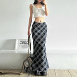 Aesthetics Retro Plaid Print Mesh Long Skirts Y2K Vintage 90s Low Waist Double Layer Straight Midi Skirt Korean Fashion Clothes