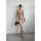 Sexy V-neck Flare Sleeves Dress Elegant For Women's Spring New High Waist Slim Split Fish Tail Wrap Hip Long Dress Sweet