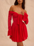 Elegant Strapless Backless Sexy Mini Dress For Women Red Off-shoulder Long Flare Sleeve Pleated Club Party Dress