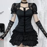 Fairycore Lace Patchwork Puff Sleeve T-Shirts Lady Elegant Blouse Sexy Hollow Out Slim Tops Mall Gothic Techwear Cloth