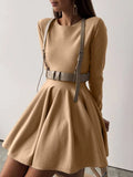 Elegant Long Sleeve Mini Dress Sweater Women Winter O Neck Tight Sexy Chic Pleated Skirt Basic Female Knit Jumper