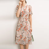 Women's Dress Summer New French V-neck Lace-up Temperament Printed Party Dress Female Casual Floral Half Sleeve A-line Dress