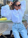 Ruffle Loose Women Shirts  Cotton Long Sleeve Elegant White Tshirt Ladies Street Casual Holiday Baggy Cover Up Female