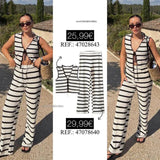 Summer Women's V-Neck Crochet Striped Top + High Waist Knitted Pants Set