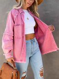 Girls Sweet Pink Loose Shirt Jacket Woman Casual Soft Button Denim Shirts Ladies Chic Solid Pocket Jackets