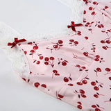 Sweet Pink Cherry Print Lace Trim Mini Dress