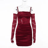 Velvet Y2k Ruched Elegant Corset Dresses Gothic Lace Patches Sheer Sling Party Dress Red Black Ladies Backless Clothes