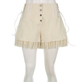 Sweet Mesh Tiered Ruffle Shorts Skirts Khaki Wide Form Side Bandage Cute Hot Pants Lolita Style Soft Girls Shorts Y2K