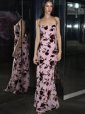 Elegant Floral Print Midi Dress For Women Robe New Spaghetti Strap Backless Sleeveless Bodycon Party Long Dress