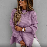 Autumn Winter Long Sleeved Solid Color Women Pullover Lazy Style Side Split Knitted Sweaters Fashion Comfortable Woman Clothing