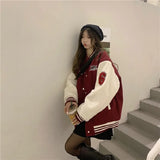 Y2k Varsity Bomber Jacket Women Red Brown Korean Fashion Winter Coat Vintage Baseball Jackets Hip Hop Streetwear Outerwear Tide