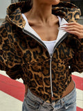 Autumn New Zip Up Hooded Women’s Sweats Long Sleeve Binding Waist Leopard Streetwear Hoodies Gyaru Baddie Y2k