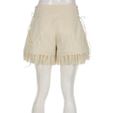 Sweet Mesh Tiered Ruffle Shorts Skirts Khaki Wide Form Side Bandage Cute Hot Pants Lolita Style Soft Girls Shorts Y2K