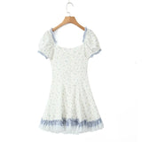 Princess Flower Print Spliced Lace Drawstring Rope Mini Dress Women Short Puff Sleeve Ruffle Hem Ball Gown Cake Party Robe