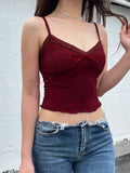 Red Vintage Elegant Camisole Lace Trim V Neck Tie Bow Sleeveless Slim Cute Crop Top Women Y2K Streetwear Clothes