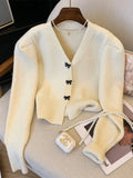 Korean Bow Knitted Cardigan for Women Single Breasted V-Neck Long Sleeve Kawaii Sweaters Sweet Jumper Coats Autumn