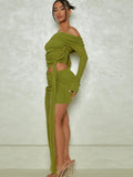 Green Ruched Skirt Set Women Off-shoulder Long Sleeve T-shirt And Mini Skirt Matching Sets Bodycon Sexy Dress Set