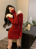 Winter Christmas Knitted Sweater Dress Hooded Women Slim Bodycon Y2k Mini Dress Fur Female One Piece Dress Korean Elegant