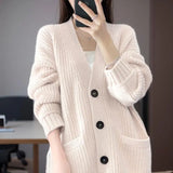 Cashmere Blend Wool Soft Winter Warm Knitted V-neck Women's Cardigans Sweater Korean Fashion Casual Loose Long Sleeve Coat