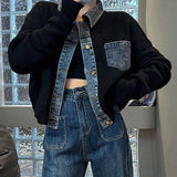 Korean style design, niche, loose  sweater, women's autumn new denim patchwork knitted top jacket