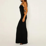 Black Strap Backless Lace Up Long Dress