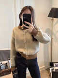 Single Breasted Pink Short Sweater Coat For Women Autumn Winter Lazy Small Knitted Cardigan Female O-Neck Splicing Color Top