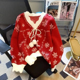 Christmas New Red Autumn and Winter Pullovers Snowflake Knitted Sweaters Thick Loose V-neck Hooded Sweet Long Sleeve Top Trendy