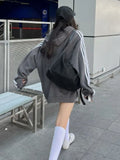 Casual Zip Hoodie Women Autumn Harajuku Loose Side Stripe Patchwork Long Sleeve Oversized Hoodie School Grey Cardigan