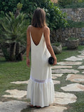 White Flowers Long Knit Slip Dress Chic Elegant Backless Lace-up Slim Fit Maxi Gown Spring Female Vacation Beach Party Robe