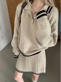 College Style Elegant Sweater Skirt Suit Women Fashion Polo Neck Tops + Pleated Mini Skirt Harajuku Knit Casual Two Piece Suit