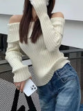 Autumn Winter Solid Color Rib Knitted Off the Shoulder Pullover Sweater Sexy Women Full Sleeve Slim Stretch Knitwear Jumper