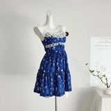 New Vintage Blue Lace Floral Dress Woman Holiday Sext Backless Midi Dress Casual Sleeveless Korean Fashion Dress Chic