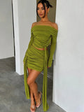 Green Ruched Skirt Set Women Off-shoulder Long Sleeve T-shirt And Mini Skirt Matching Sets Bodycon Sexy Dress Set