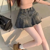 Vintage Fringe Design Slimming High-waisted Denim Skirt Women's Mini Dress Plenty Wrinkles For Summer