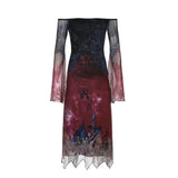 Vintage Flare Sleeve Tie Dye Mesh Long Dress