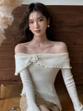 Korean Fashion Off Shoulder Sweater Women Fairycore Aesthetic Knitted Jumper Mujer Chic Elegant Long Sleeve Top Spring