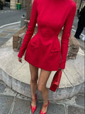 Double Bow Long Sleeve Sexy Mini Dress For Women Autumn Winter New Solid High Waist Bodycon Club Party Dress Elegant