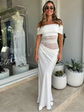 Sexy Off Shoulder Short Sleeve Slim Maxi Dress Elegant Solid Pleated See Through Robes Fashion New Women Evening Vestdios