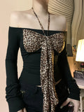 Y2k Retro Women Halter Tops Off Shoulder Leopard Bow Lace-up Fashion Chic Slash Collar Long Sleeve T-Shirts