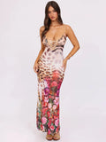 Elegant Floral Print Sexy Maxi Dress For Women Fashion Spaghetti Strap Sleeveless Backless Bodycon Party Long Dress