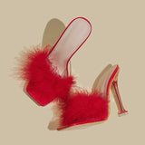 PVC Shoes Slippers Woman Feather Transparent High Heels Fur Pumps Square toe Mules Lady Slides