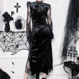 Chain Long Dresses Gothic Party Velvet High Slit Lace Patchwork Tube Maxi Dresses Bodycone Street Wear Party Dress