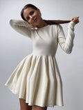 Elegant Long Sleeve Mini Dress Sweater Women Winter O Neck Tight Sexy Chic Pleated Skirt Basic Female Knit Jumper