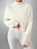 Women's Ribbed Knitted Sweater, Mock Neck Long Sleeve Pullover, Solid Color High Neck Drop Shoulder Jumper