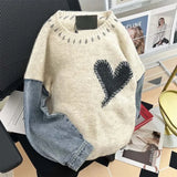 Women's Long Sleeve Pullover Vintage Denim Patchwork Knit Sweater Autumn Women O-Neck Heart Sweater Loose Harajuku Sweatshirt