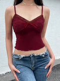 Red Vintage Elegant Camisole Lace Trim V Neck Tie Bow Sleeveless Slim Cute Crop Top Women Y2K Streetwear Clothes