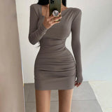 Grey Asymmetrical Fold Skinny Long Sleeve Dress