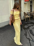 Elegant Yellow Knitted Skirt Sets Women Slim Off Shoulder Pullovers Top High Waist Skirts Lady Holiday Vacation 2 Pieces Set﻿