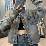 Korean style design, niche, loose  sweater, women's autumn new denim patchwork knitted top jacket